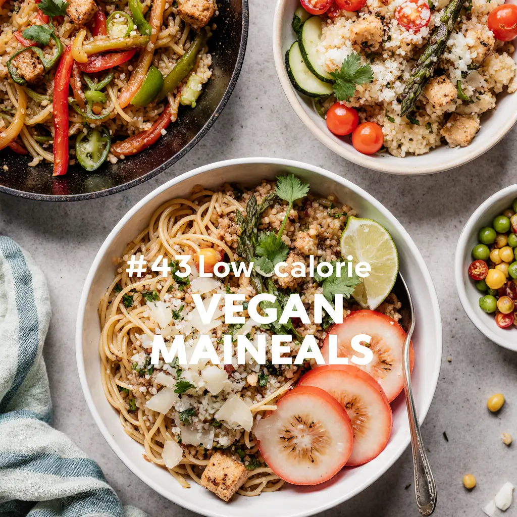 Flat lay of colorful 500 calorie vegan recipes including spaghetti, tofu, couscous, grilled vegetables, and fresh herbs served in ceramic bowls.