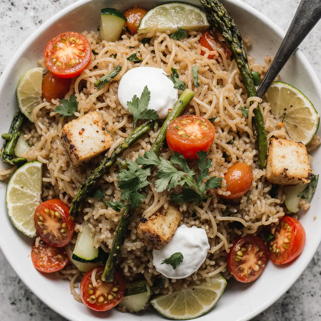 Flat lay of colorful 500 calorie vegan recipes including spaghetti, tofu, couscous, grilled vegetables, and fresh herbs served in ceramic bowls.
