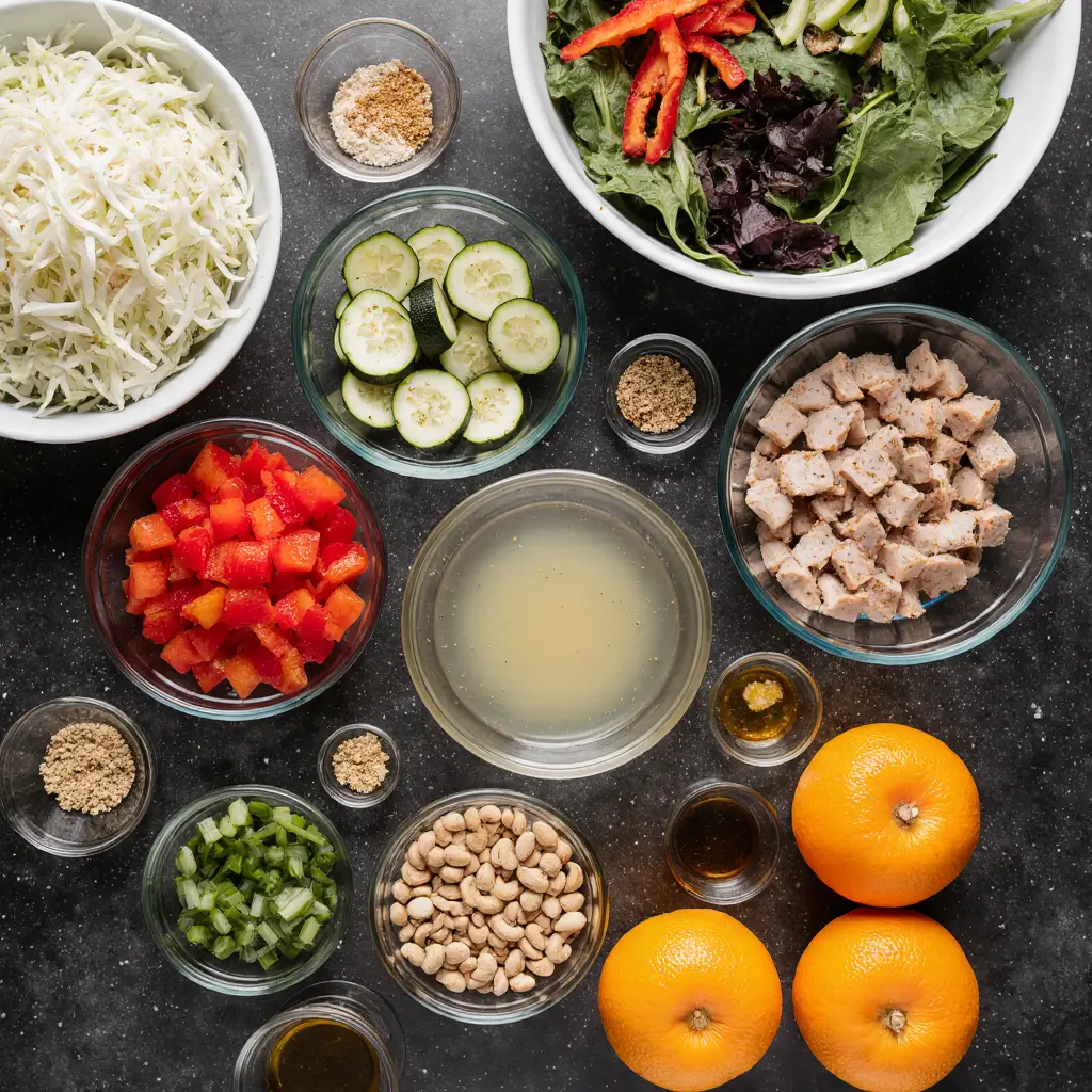 Flat-lay of prepped ingredients for volume eating recipes, including chopped chicken, greens, cabbage, cucumbers, citrus, and seasonings