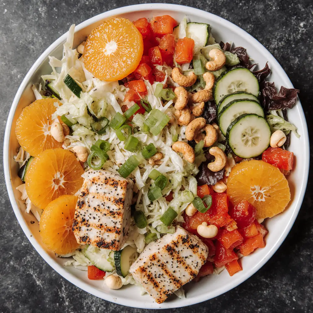 High-volume chicken salad bowl with cabbage, mandarin oranges, cucumbers, peppers, and cashews – ideal for volume eating recipes